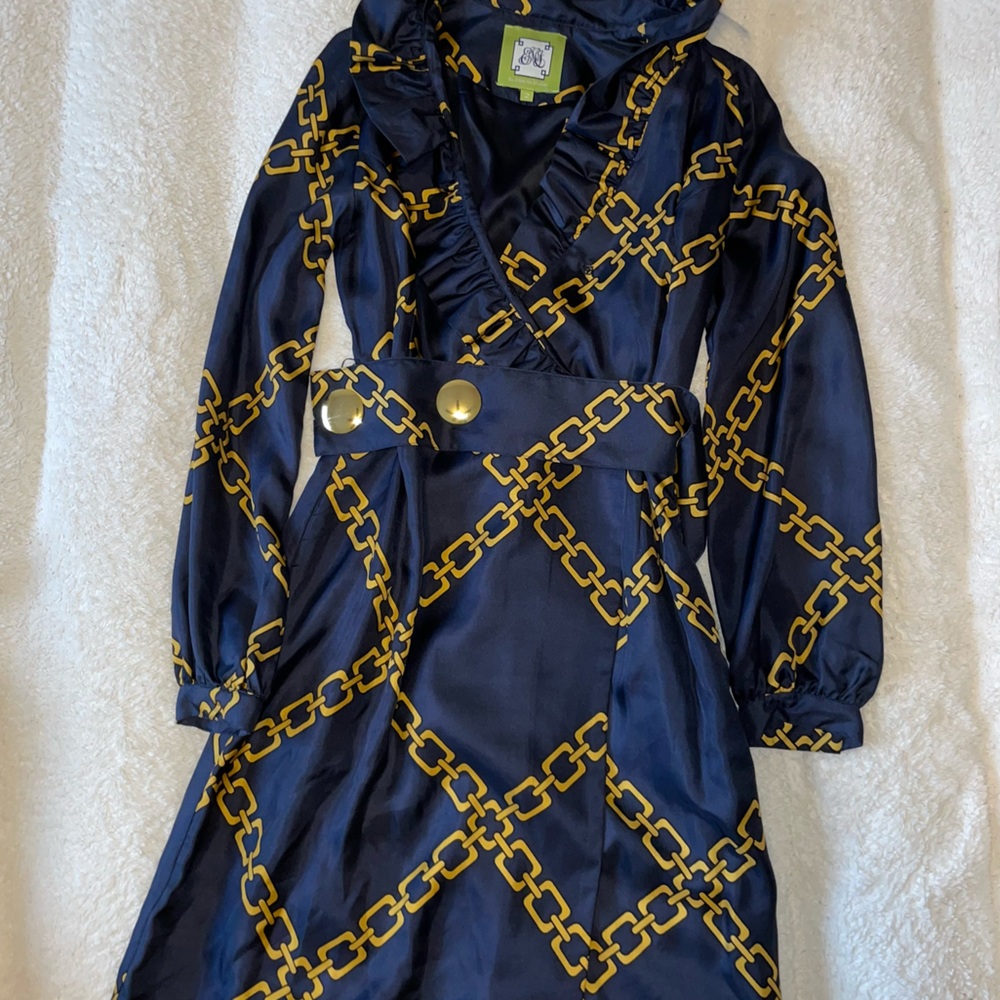 Elizabeth McKay Navy and Gold Chain Wrap Ruffle Knee Length Belted Dress
